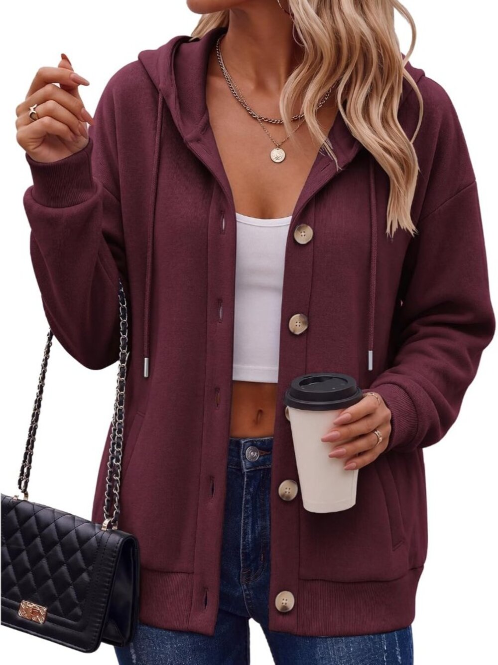 〽️Women's Dark Red Hoodie Sweatshirt Button Pocket Comfy Fleece Fashion Jackets
